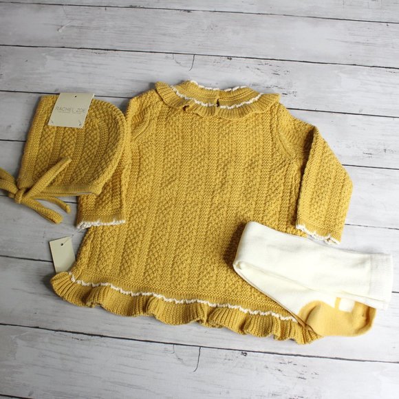Rachel Zoe Baby Girl's Sweater Dress Bonnet Hat Tights Set Size 6-9 Mo - Picture 7 of 8